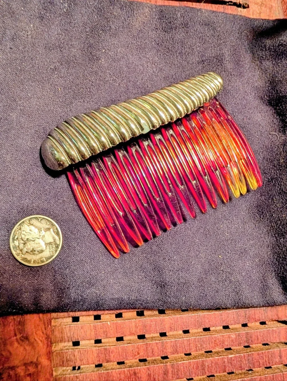 Decorative Red-Orange Tortoiseshell Hair Comb with Silver Tone Accent